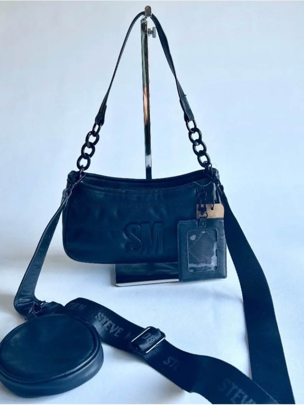 New Steve Madden Black Faux Leather Shoulder Crossbody Small Bag Tote
